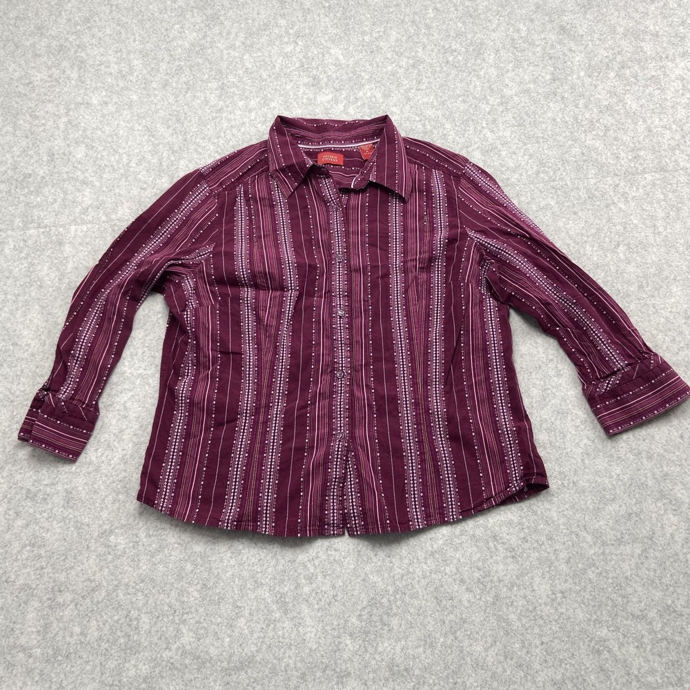 Valerie Stevens Button Up Shirt Womens Medium Purple 3/4 Sleeve Striped Cotton